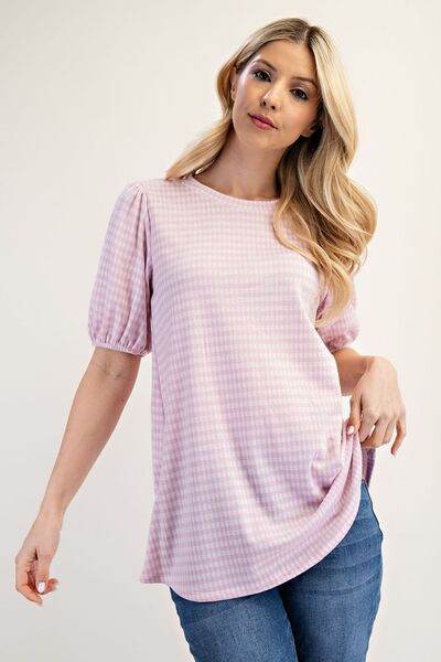 Celeste Full Size Gingham Print Top With Puff Sleeves Plus Size - Hovatok