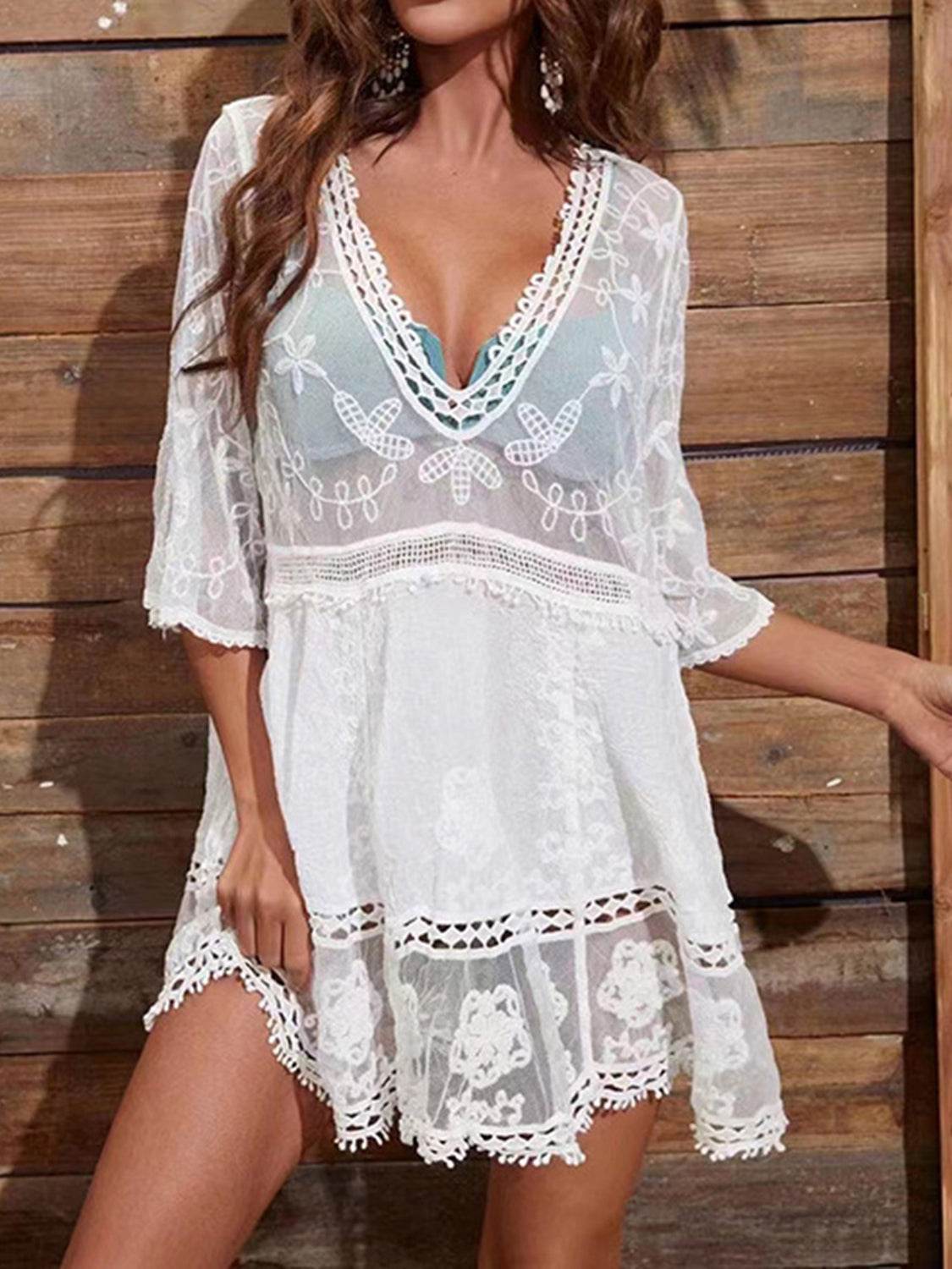Lace Detail Plunge Cover-Up Dress - Hovatok