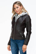 YMI Faux Layered Double-Zipper Jacket with Fuzzy Hood - Hovatok