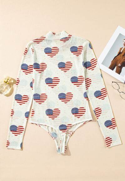 US Flag Heart Mock Neck Long Sleeve Bodysuit - Hovatok