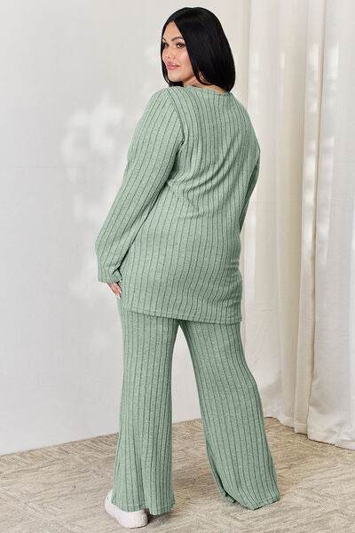 Basic Bae Full Size Ribbed High-Low Top and Wide Leg Pants Set - Hovatok