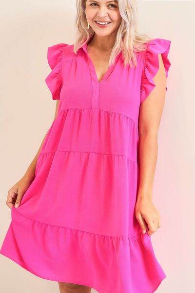 Umgee Full Size Johnny Collar Ruffle Cap Sleeve Tiered Dress Plus Size - Hovatok