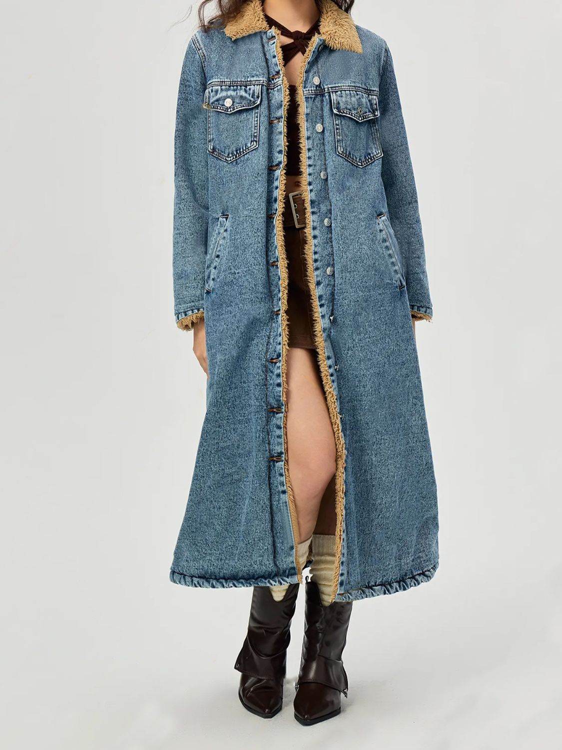 Pocketed Button Up Denim Jacket with Fur Lining - Hovatok