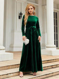 Tie Front Round Neck Long Sleeve Maxi Dress - Hovatok