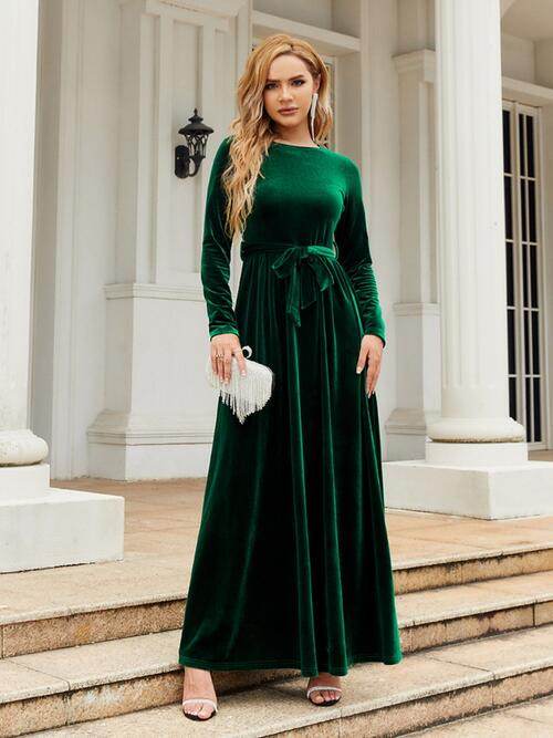 Tie Front Round Neck Long Sleeve Maxi Dress - Hovatok
