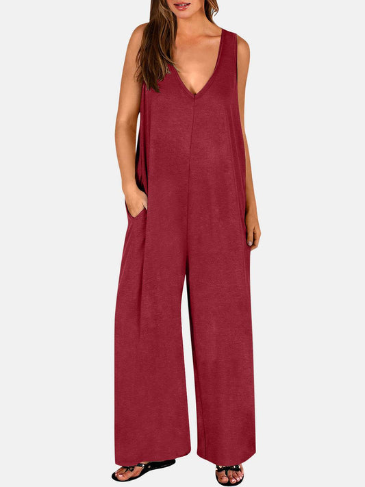 Full Size V-Neck Wide Strap Jumpsuit - Hovatok