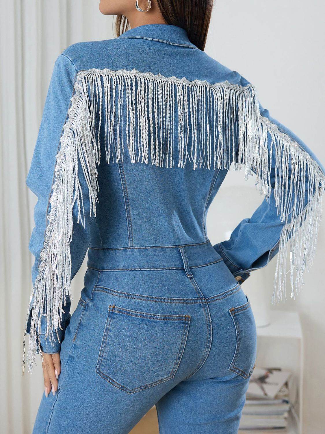 Fringe Half Button Long Sleeve Denim Jumpsuit - Hovatok