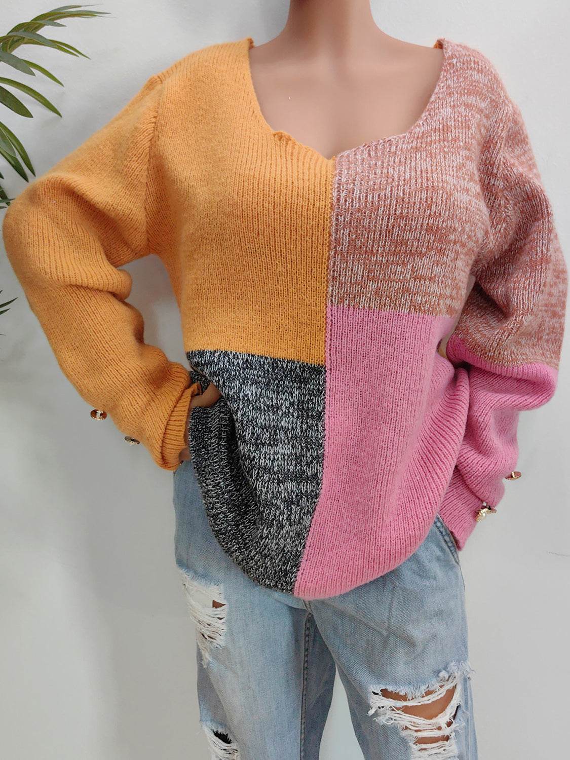 Color Block Decorative Button Long Sleeve Sweater - Hovatok