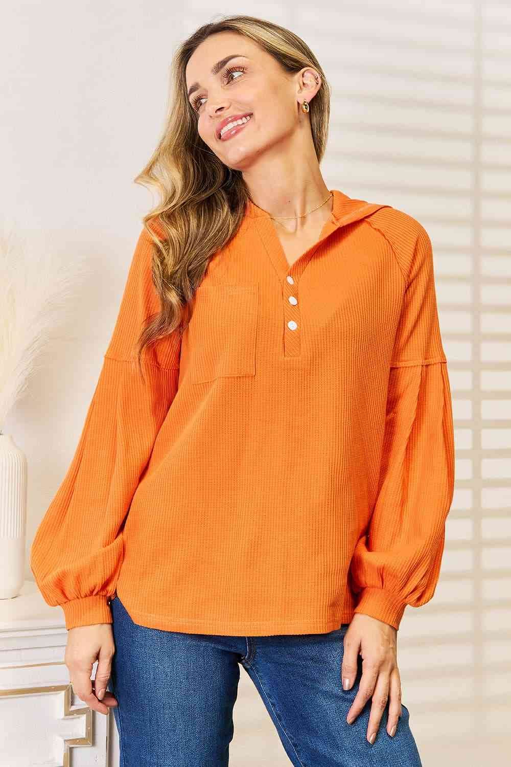 Basic Bae Side Slit Buttoned Waffle Knit Hoodie - Hovatok