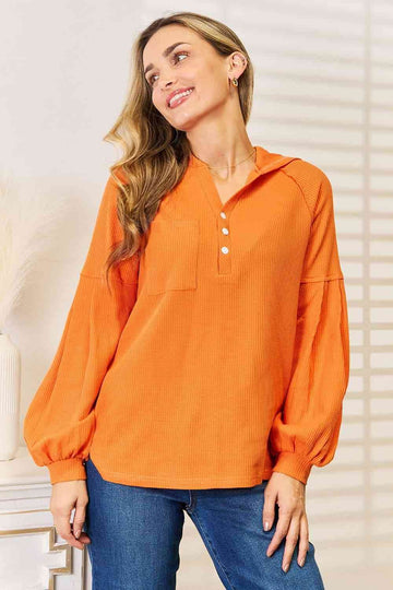 Basic Bae Side Slit Buttoned Waffle Knit Hoodie - Hovatok