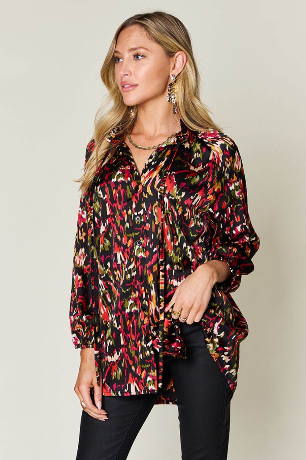 Double Take Full Size Printed Button Up Long Sleeve Shirt - Hovatok