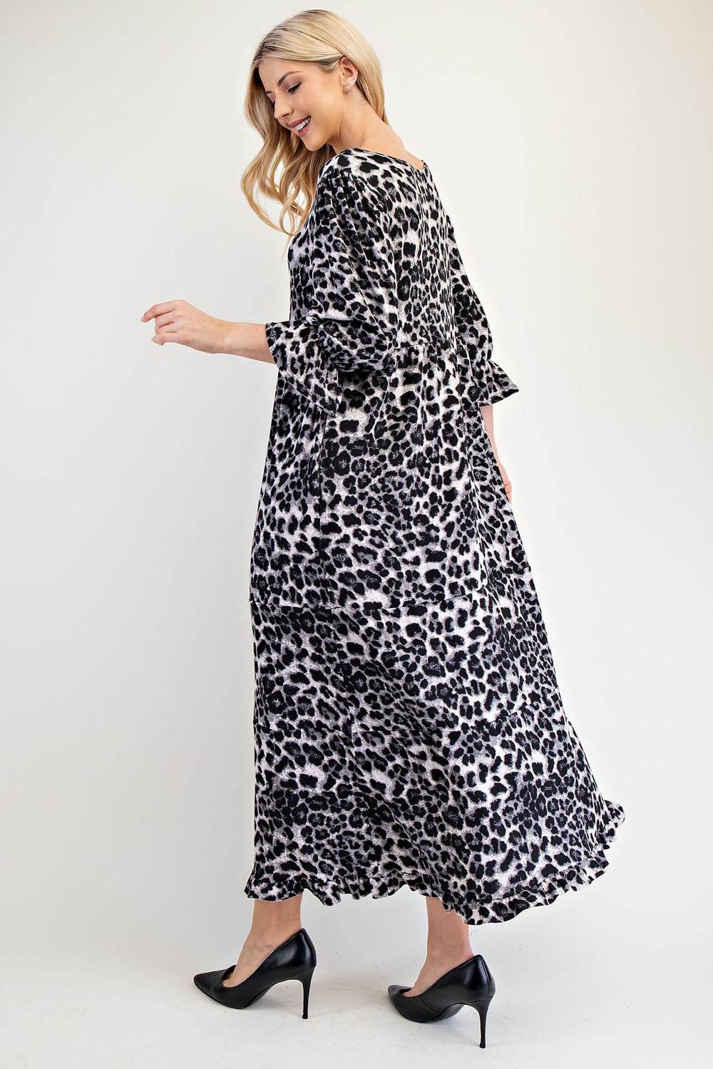 Celeste Full Size Leopard Round Neck Flounce Sleeve Dress - Hovatok