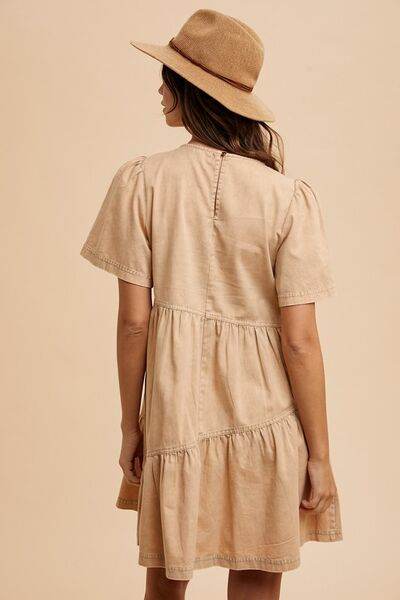 Annie Wear Mineral Washed Round Neck Short Sleeve Denim Dress - Hovatok