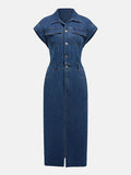 Slit Half Button Collared Neck Cap Sleeve Denim Dress - Hovatok