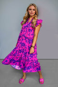 Oh Full Size Ruffled Printed Notched Cap Sleeve Midi Dress - Hovatok