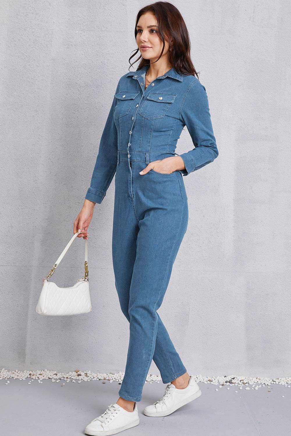 Snap Down Denim Jumpsuit with Pockets - Hovatok