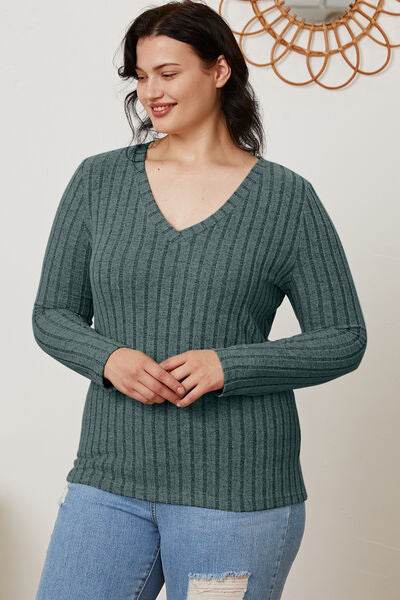 Basic Bae Full Size Ribbed V-Neck Long Sleeve T-Shirt - Hovatok
