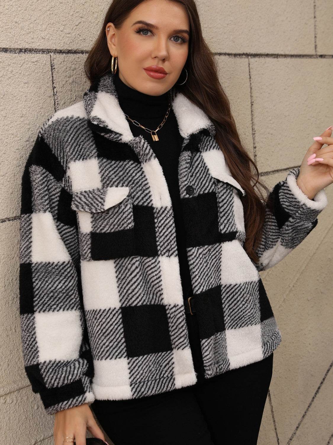 Plus Size Pocketed Plaid Collared Neck Jacket - Hovatok
