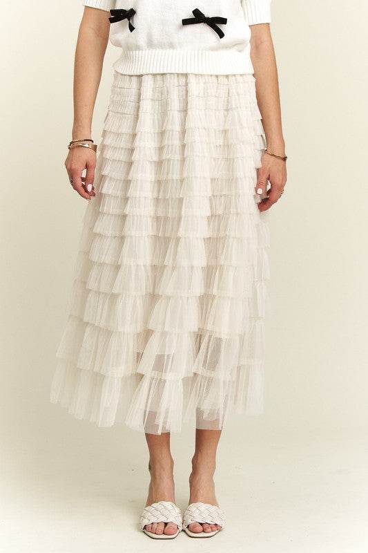ADORA Elastic Waist Layered Mesh Midi Skirt - Hovatok