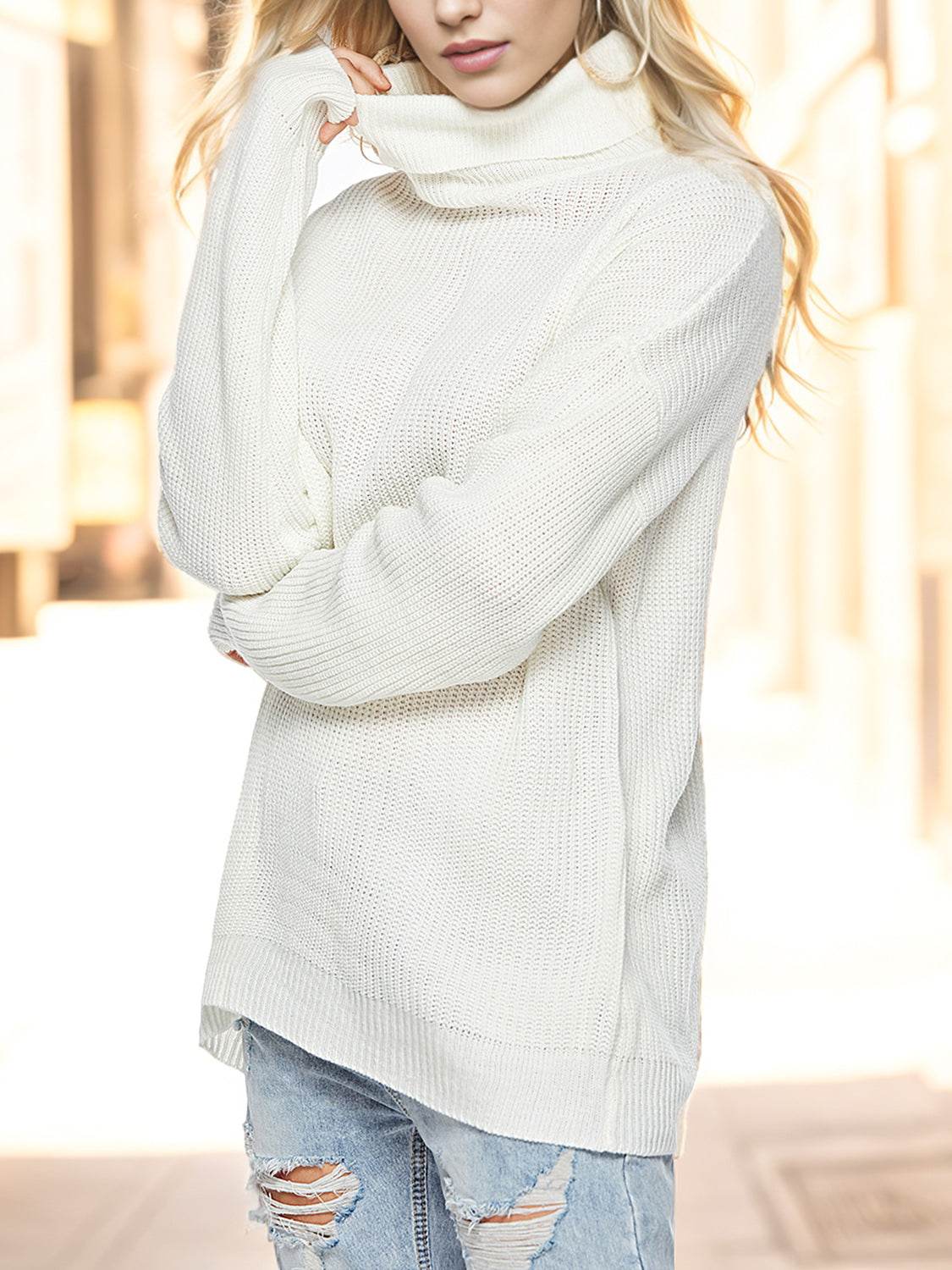 Turtleneck Drop Shoulder Long Sleeve Sweater - Hovatok