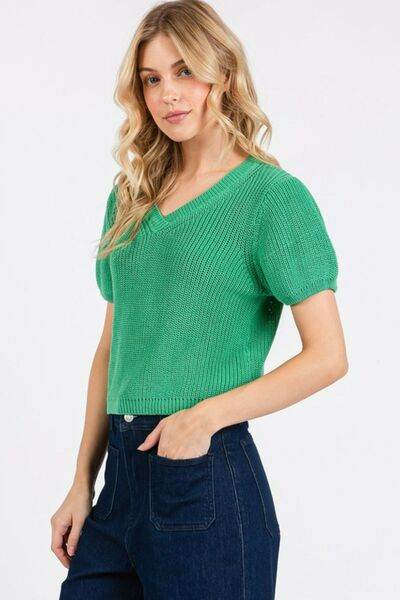 Mittoshop V-Neck Short Sleeve Crop Sweater - Hovatok