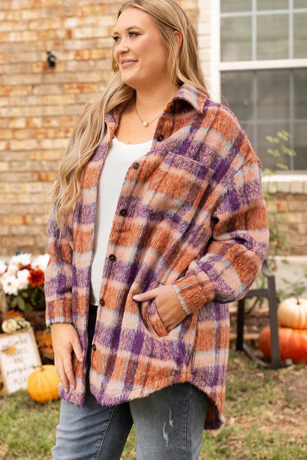 Plus Size Plaid Collared Neck Long Sleeve Jacket - Hovatok