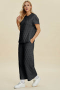 Double Take Full Size Texture Round Neck Short Sleeve Top and Pants Set - Hovatok
