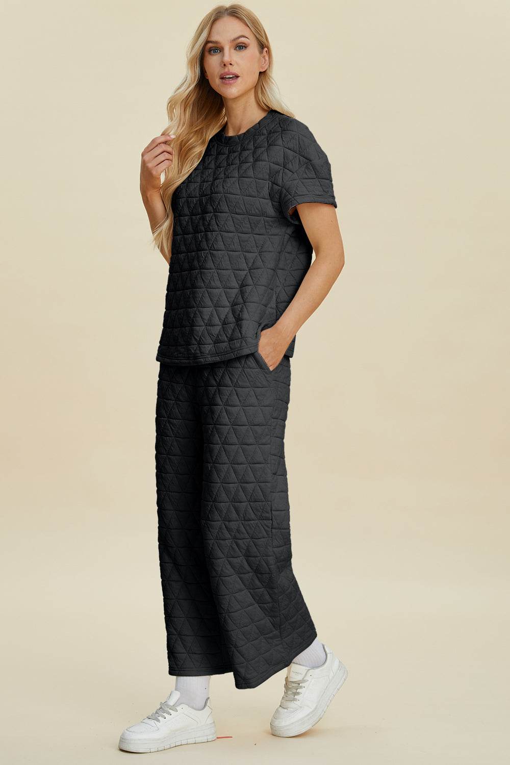 Double Take Full Size Texture Round Neck Short Sleeve Top and Pants Set - Hovatok