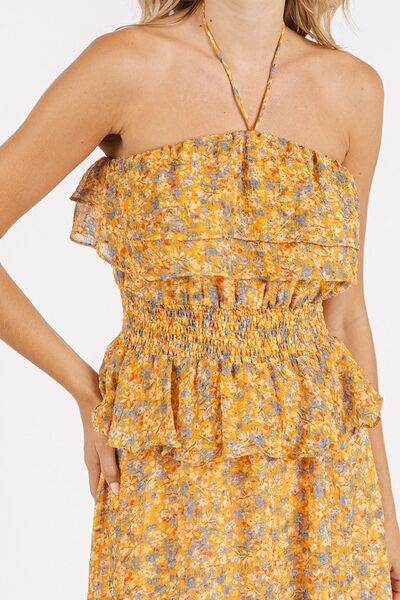 Mittoshop Ruffled Smocked Floral Halter Neck Maxi Dress - Hovatok