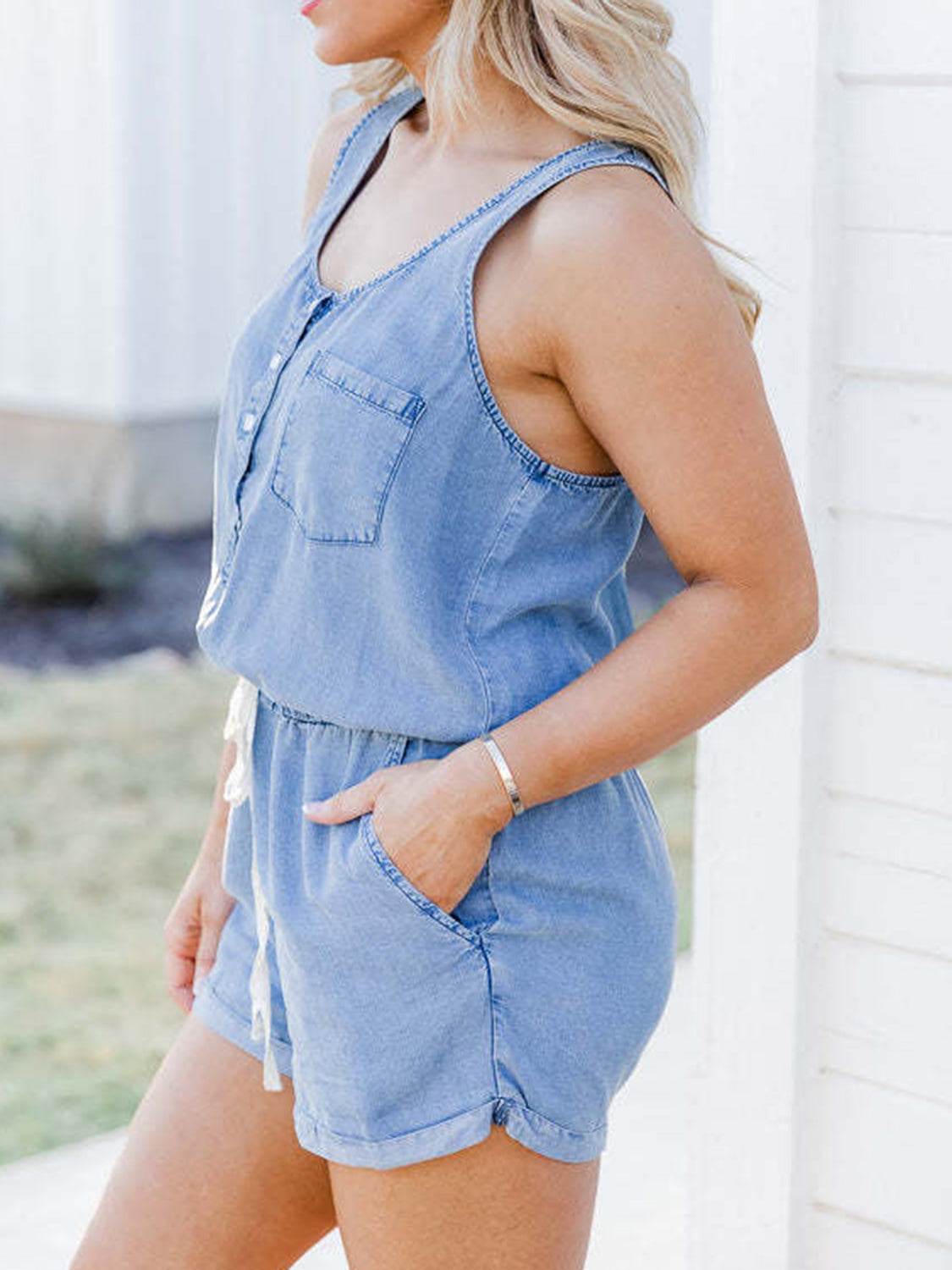 Pocketed Half Button Sleeveless Denim Romper - Hovatok