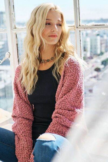 ADORA Popcorn Knit Open Front Long Sleeve Cardigan - Hovatok