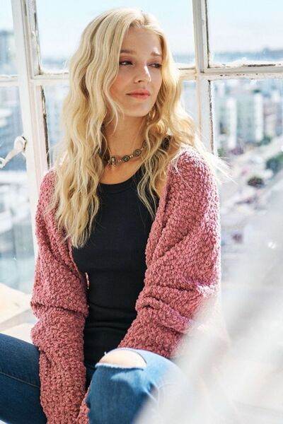 ADORA Popcorn Knit Open Front Long Sleeve Cardigan - Hovatok