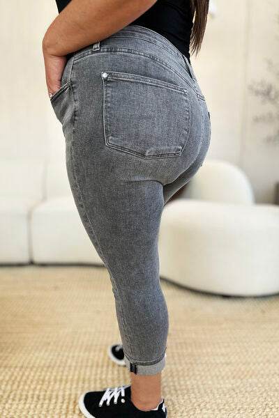 Judy Blue Full Size Button Fly High Waist Cuffed Capris - Hovatok