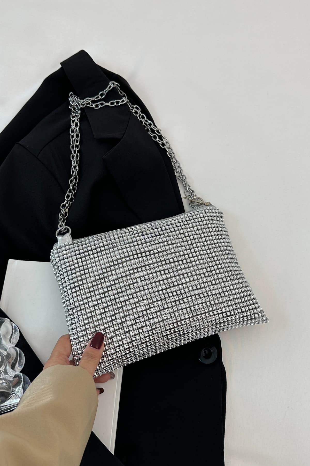 Rhinestone Polyester Chain Crossbody Bag - Hovatok