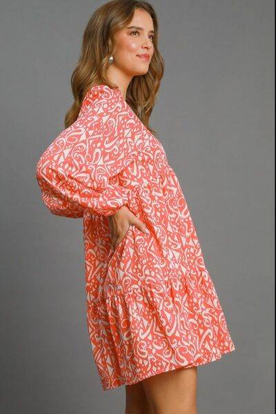 Umgee Full Size Two Tone Print Balloon Sleeve Tiered Dress Plus Size - Hovatok