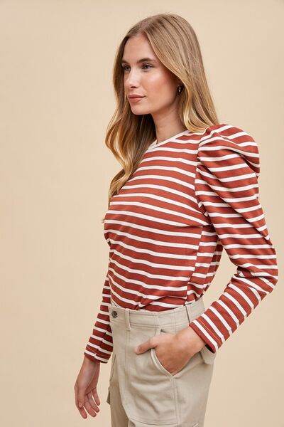Annie Wear Striped Round Neck Puff Sleeve French Terry Top - Hovatok