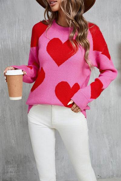 Angel Wings Contrast Heart Dropped Shoulder Long Sleeve Sweater - Hovatok