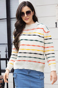 Striped Round Neck Long Sleeve Sweater - Hovatok