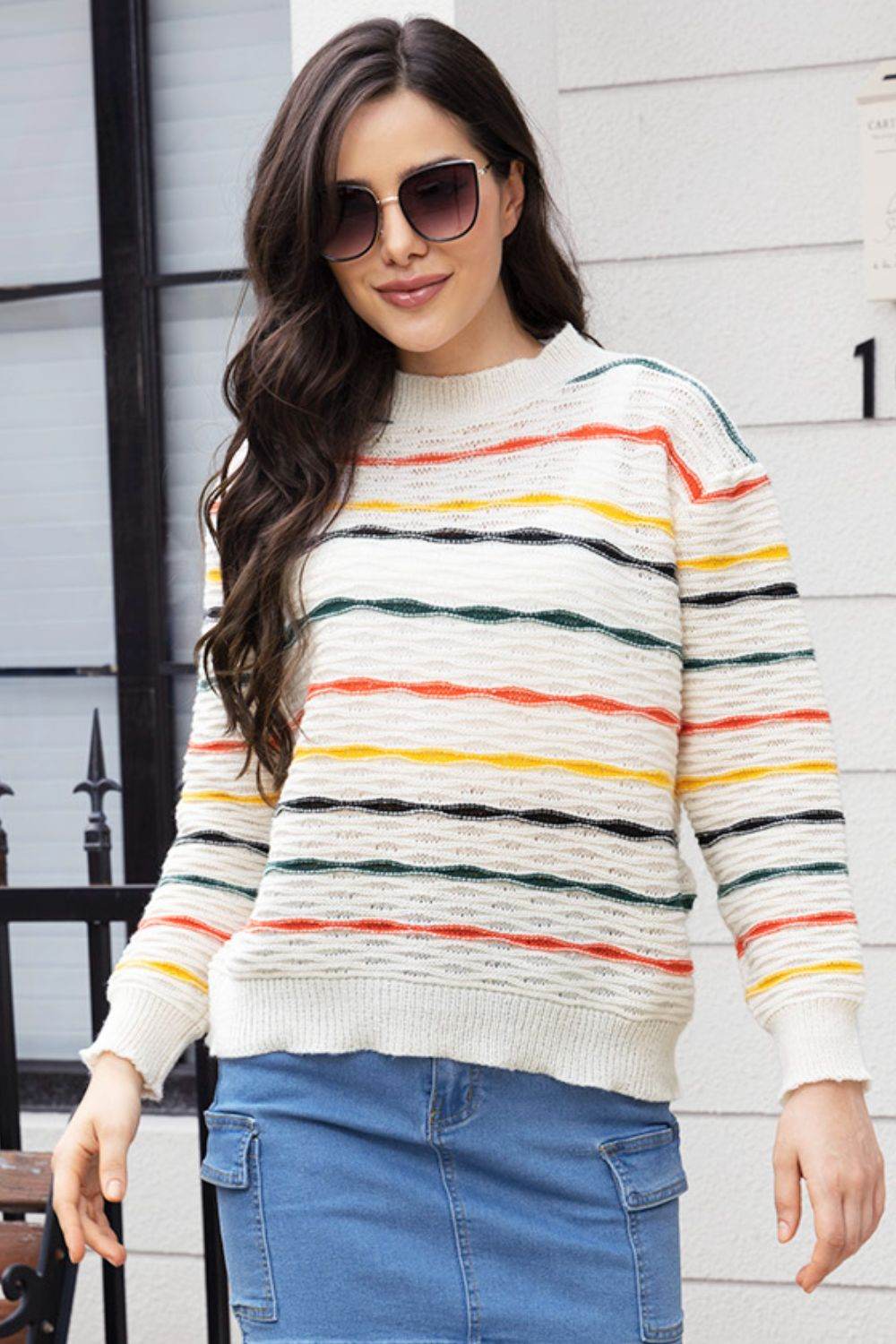 Striped Round Neck Long Sleeve Sweater - Hovatok