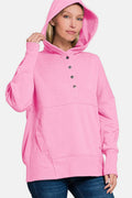Zenana Half Snap Long Sleeve Hoodie with Kangaroo Pocket - Hovatok
