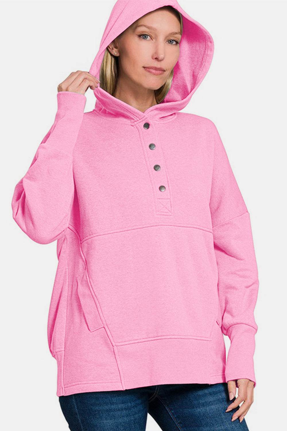 Zenana Half Snap Long Sleeve Hoodie with Kangaroo Pocket - Hovatok