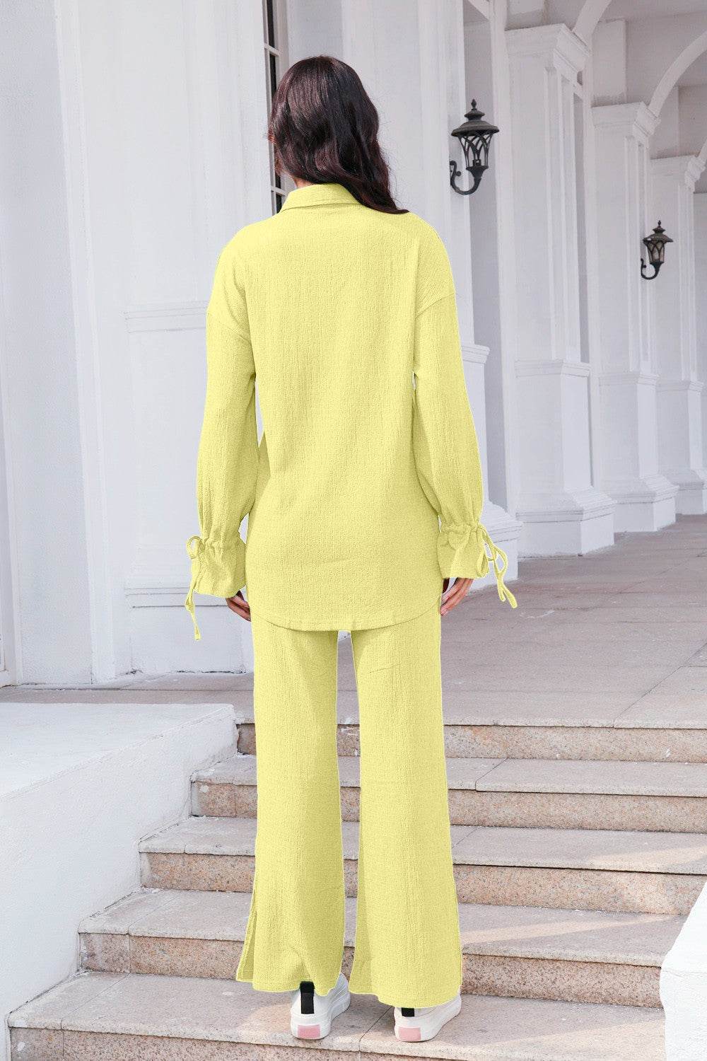 Drawstring Flounce Sleeve Shirt and Pants Set - Hovatok