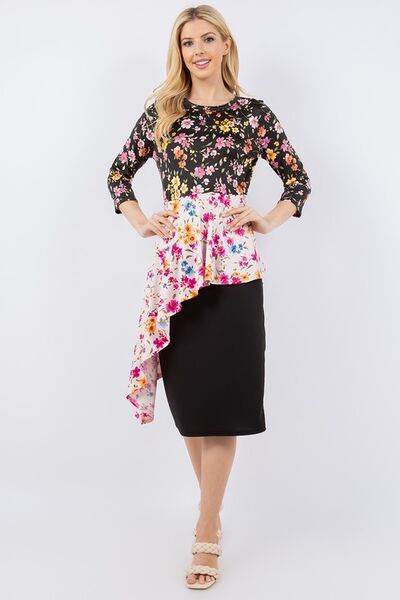 Celeste Full Size Floral Asymmetrical Hemline Round Neck Top Plus Size - Hovatok