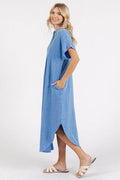 Mittoshop Mineral Wash V Neck Button Up Midi Shirt Dress - Hovatok