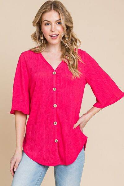 BOMBOM Texture Decorative Button V-Neck Top - Hovatok