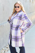 Double Take Full Size Plaid Button Up Lapel Collar Coat - Hovatok