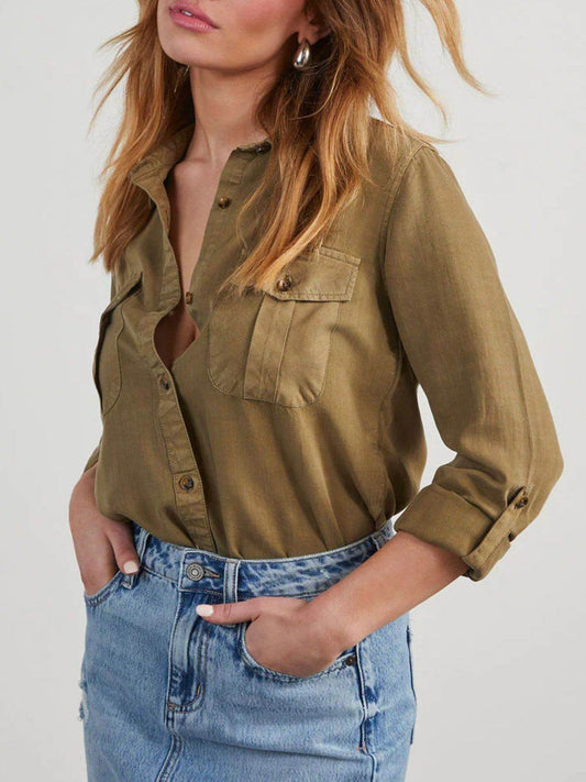 Collared Neck Button Down Denim Top - Hovatok