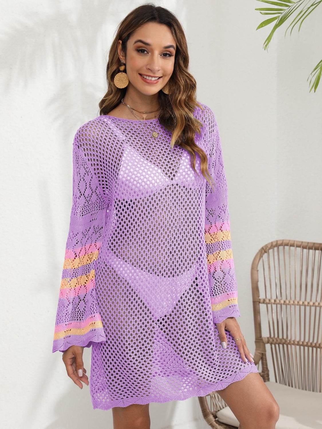 Openwork Contrast Long Sleeve Cover-Up - Hovatok