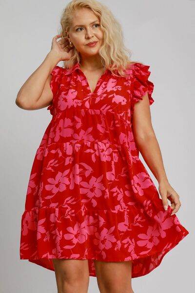 Umgee Full Size Floral Print Ruffle Cap Sleeve Tiered Dress Plus Size - Hovatok