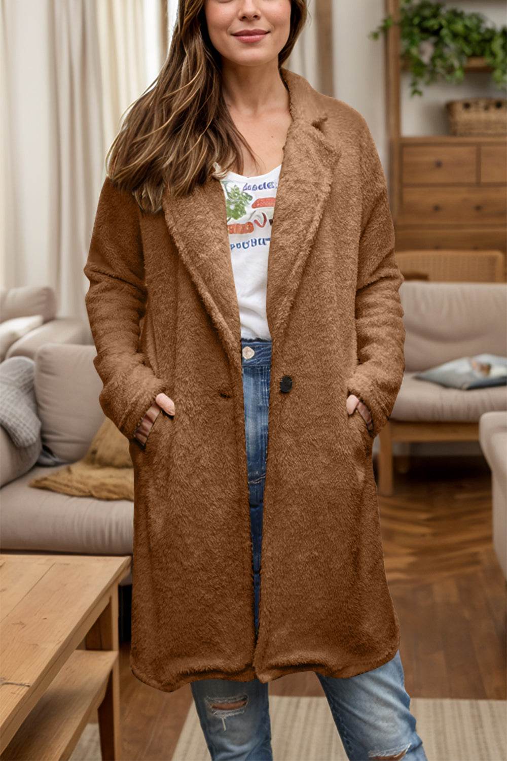 Full Size One Button Long Sleeve Longline Plush Coat - Hovatok